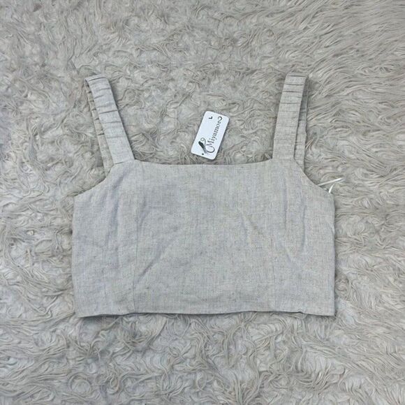 Lush Womens Open Back Linen Beige Cropped Tank Top Blouse NWT Size Large - Picture 3 of 12